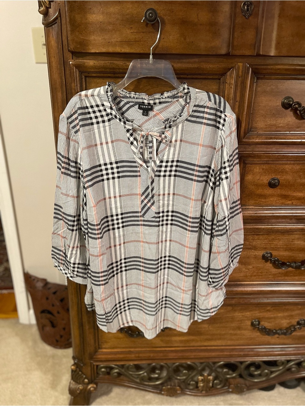 torrid Plaid Lace-Up Blouse in Black, Cream and Rust
